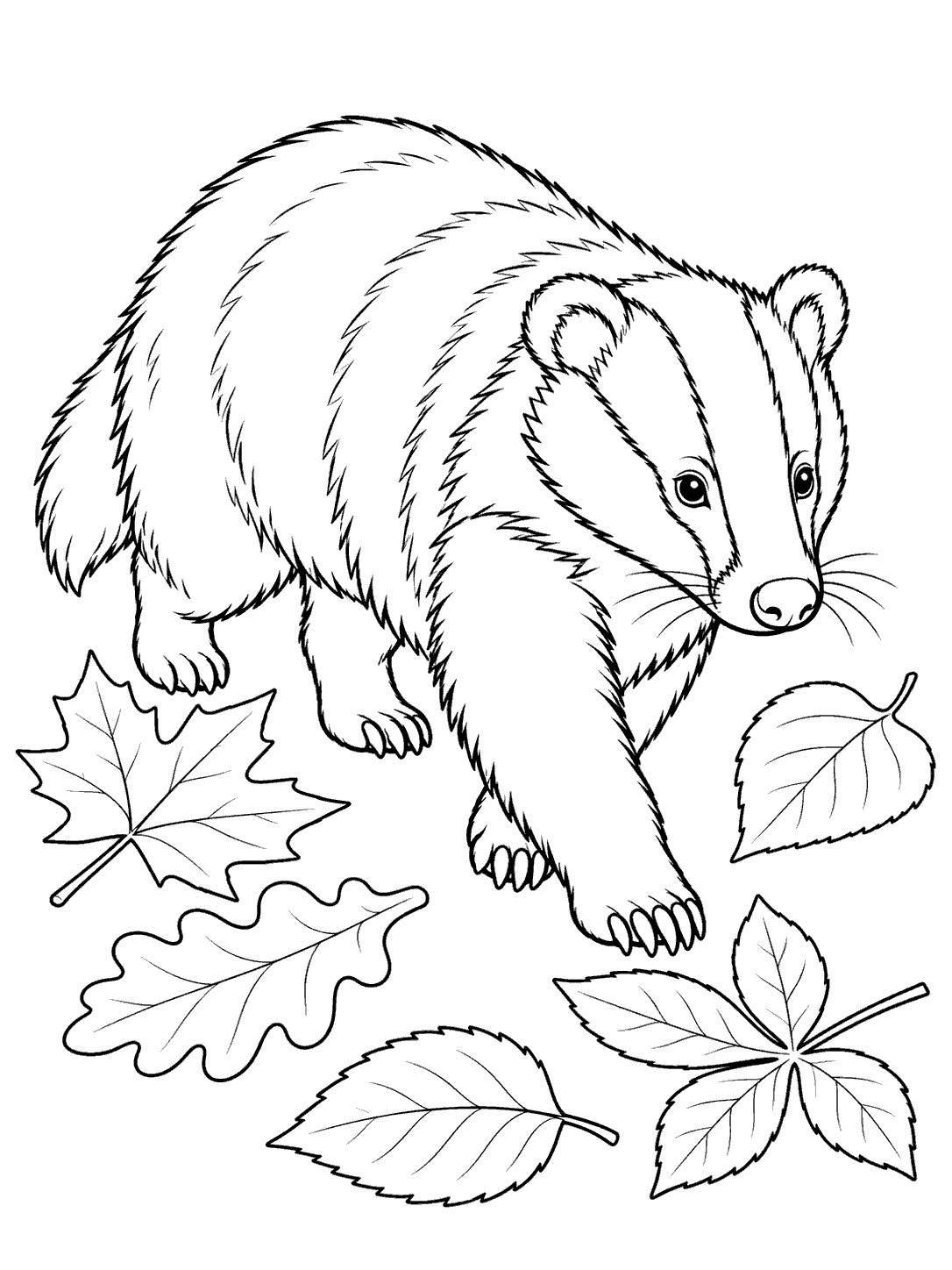 Full-body striped badger walking among five large outlined leaves on a white coloring page
