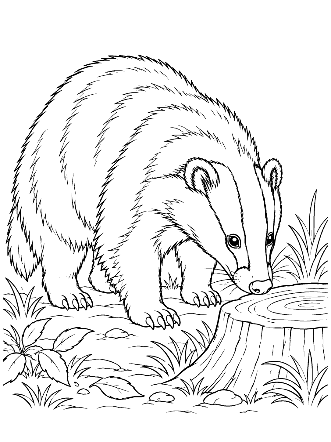 A striped badger sniffs beside a tree stump with visible growth rings.