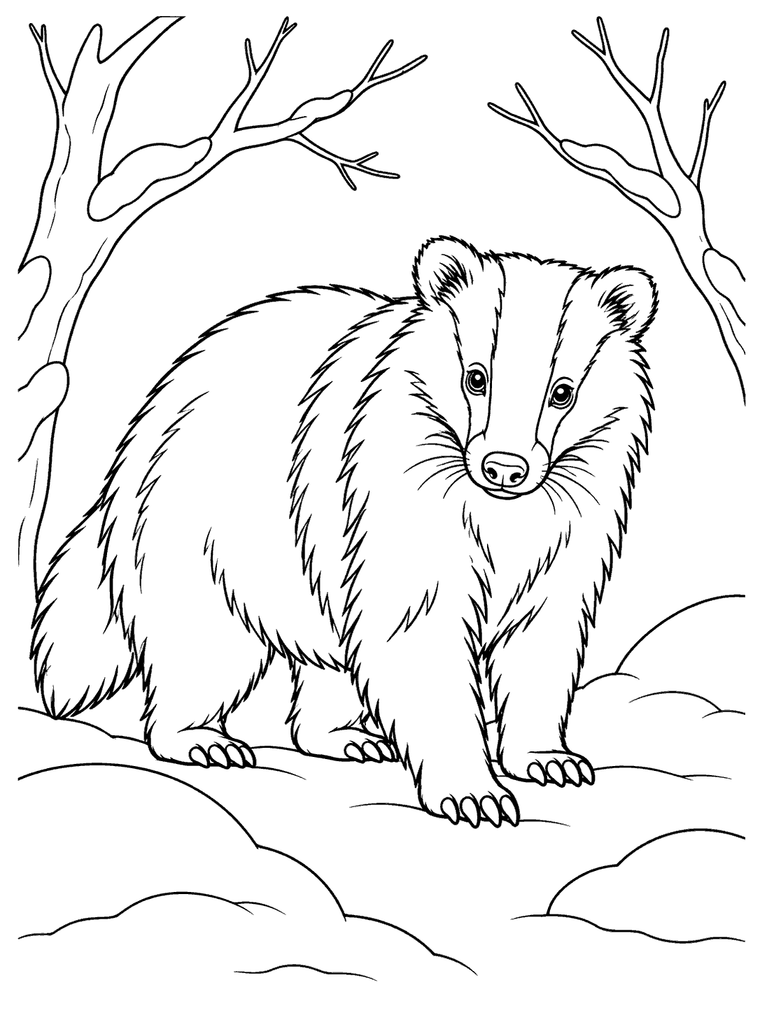 Full-body European badger with a striped face standing between two bare trees above outlined snow mounds.