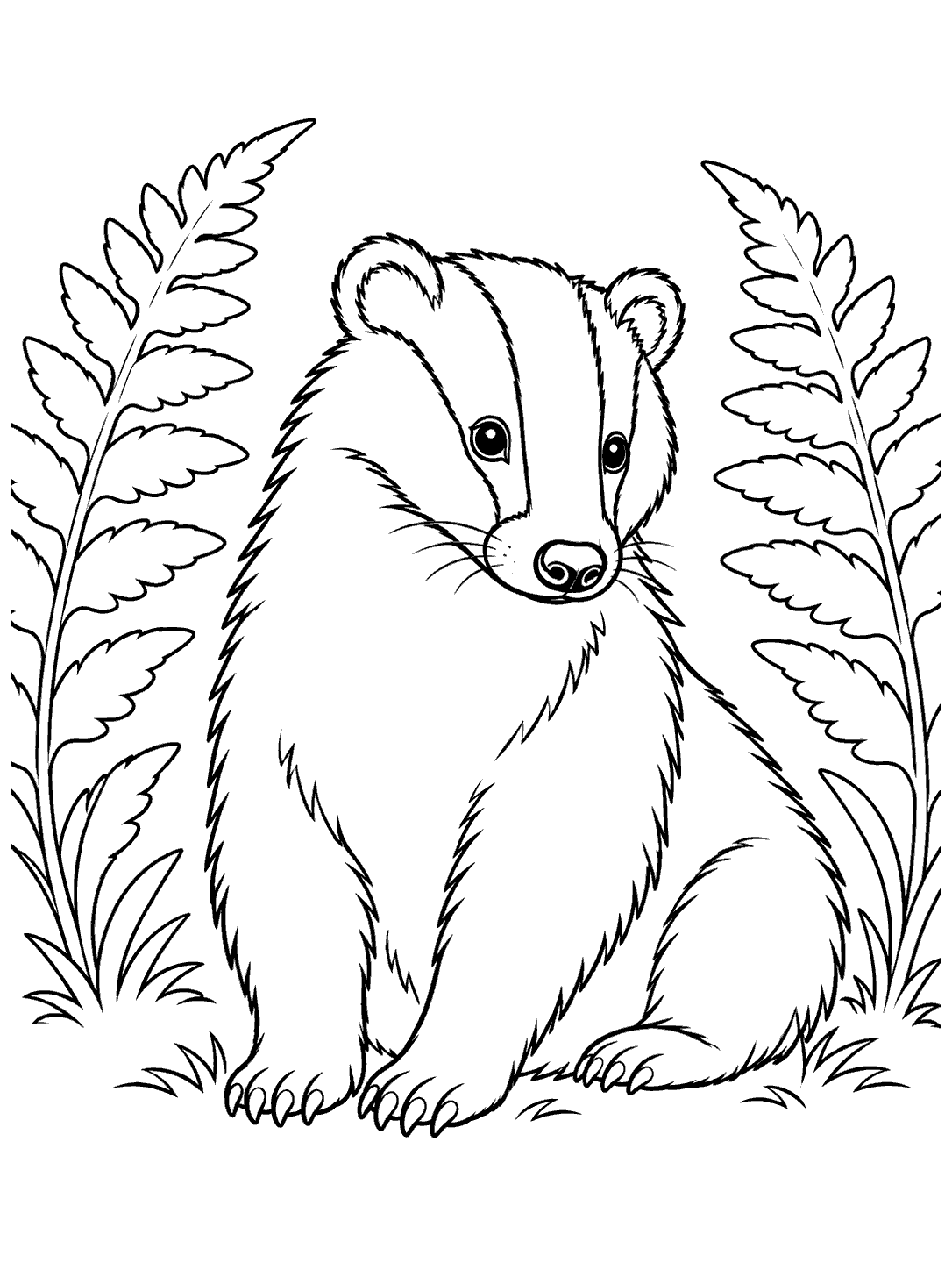 A seated badger with a striped face framed by two broad ferns.