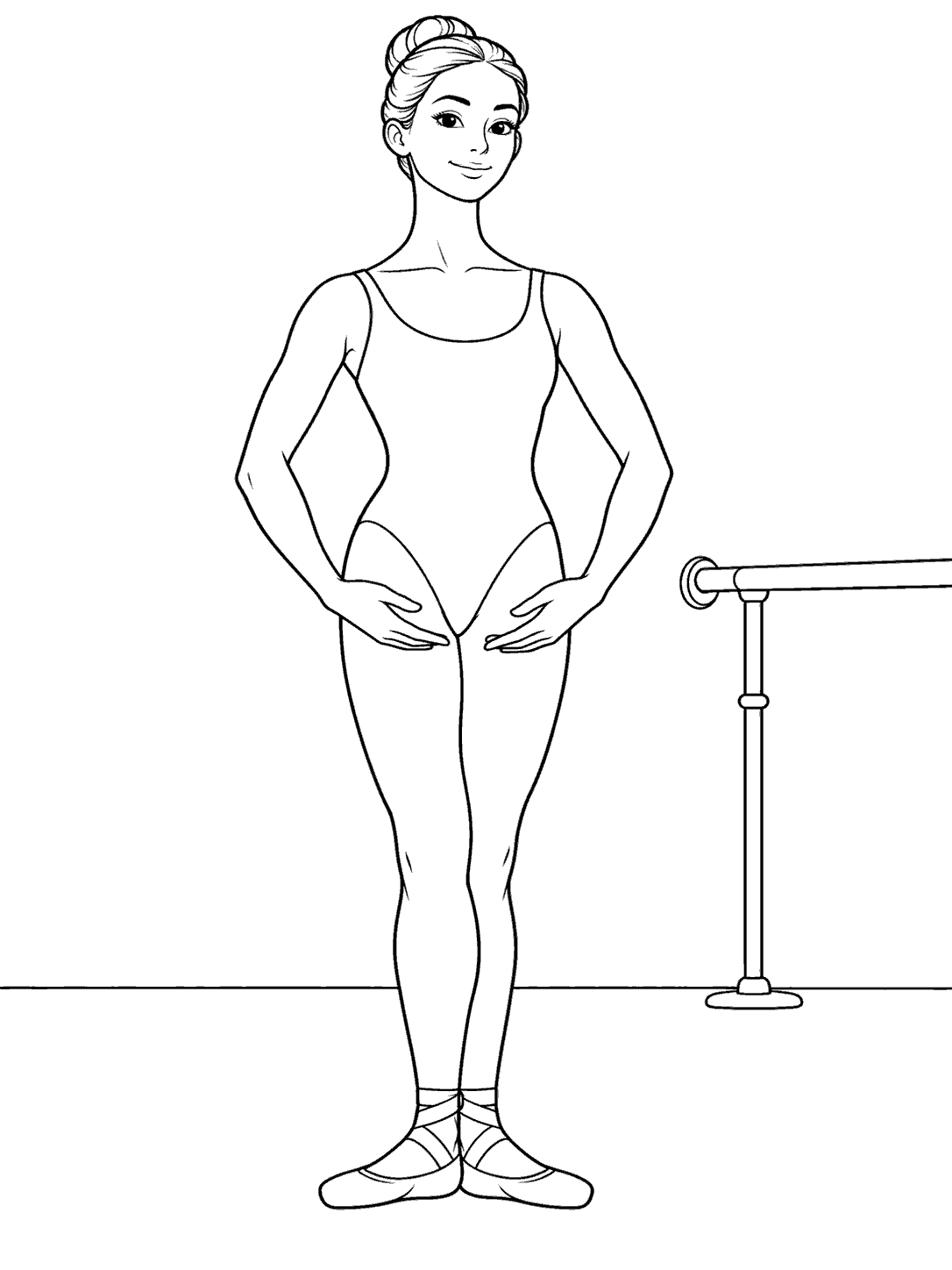 Adult ballet dancer standing in first position beside a studio barre