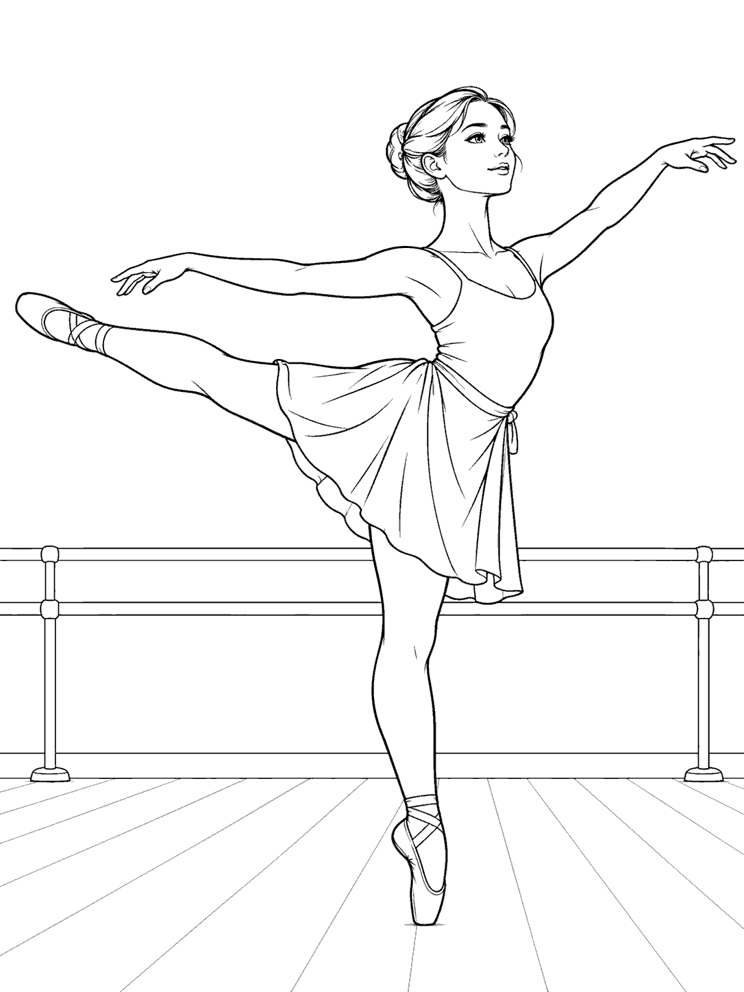 Adult ballet dancer in a practice outfit holding an arabesque pose, arms open, with a studio barre and floorboards behind her.