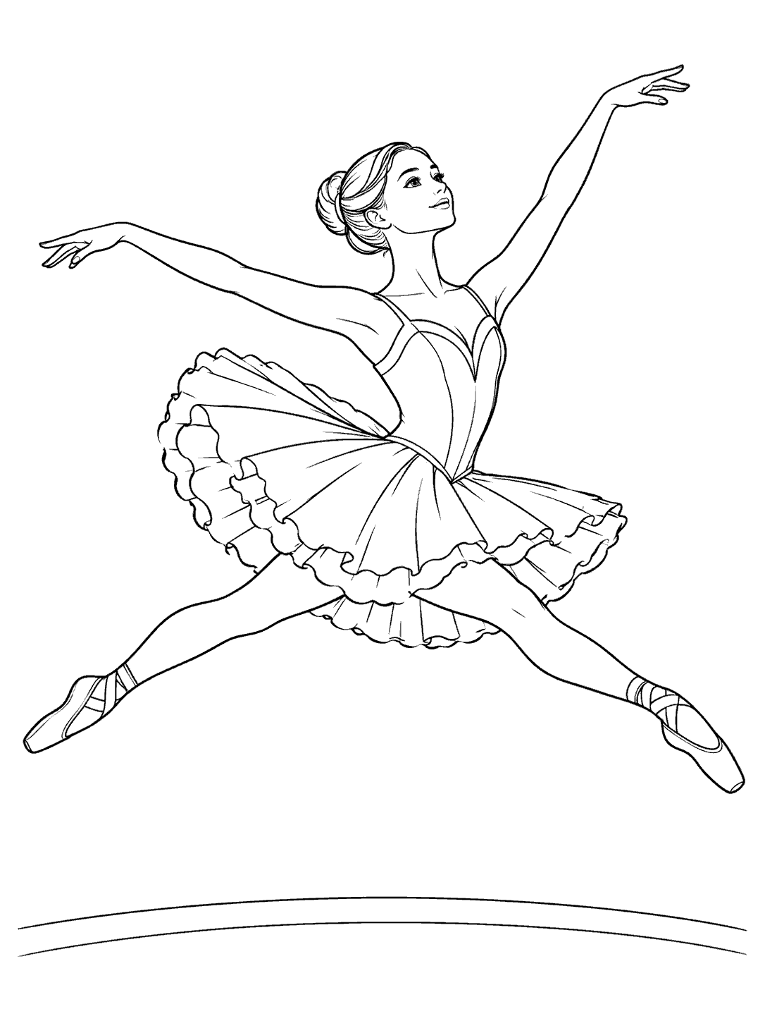Adult ballet dancer in a midair grand jeté, with arms open and legs extended.