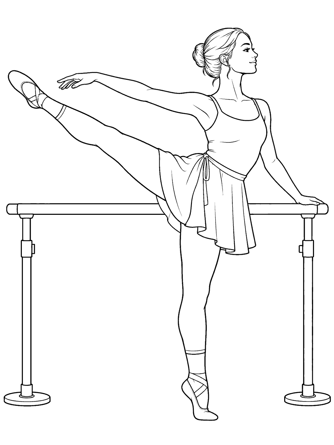 Adult ballet dancer balancing at a barre with one leg extended in a side stretch.