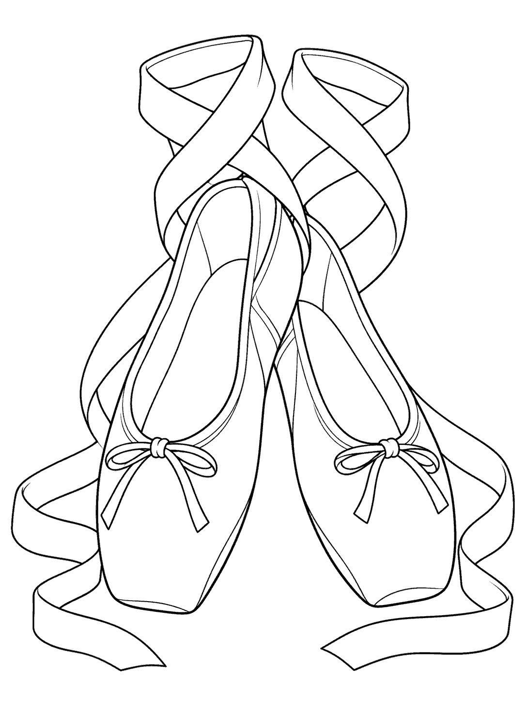 Pair of ballet slippers with crossed ribbons and bows, outlined for coloring.
