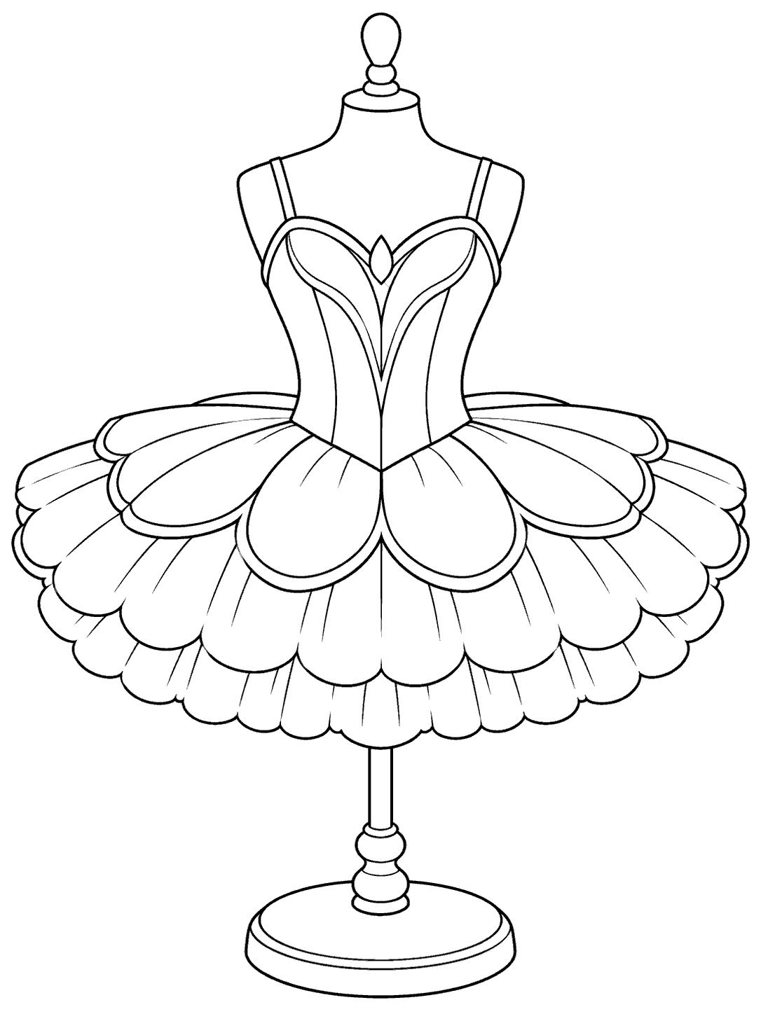 Classical ballet tutu with scalloped skirt tiers displayed on a padded costume stand.