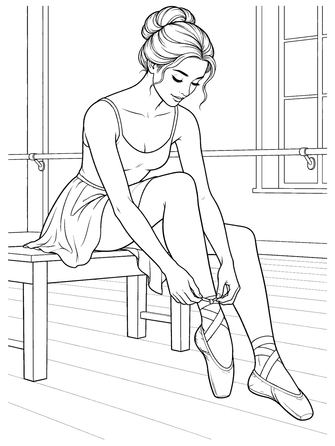 Adult ballet dancer seated on a bench, tying her pointe-shoe ribbon in a studio.