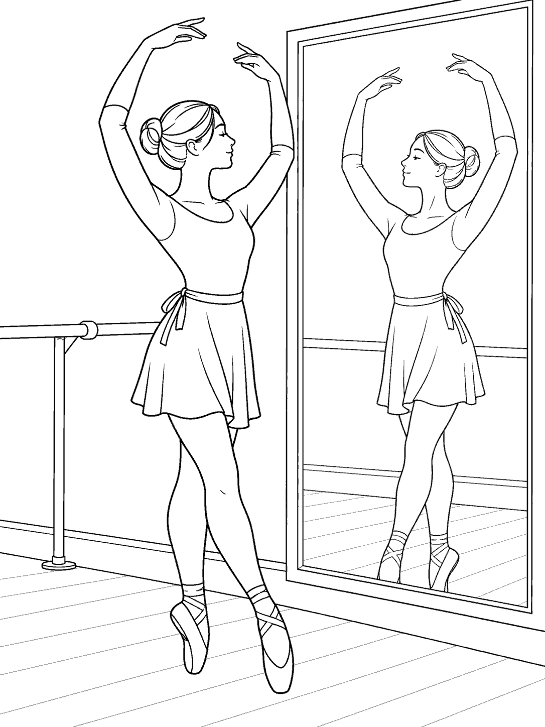Adult ballet dancer practicing in a studio before a large mirror, with her reflection visible