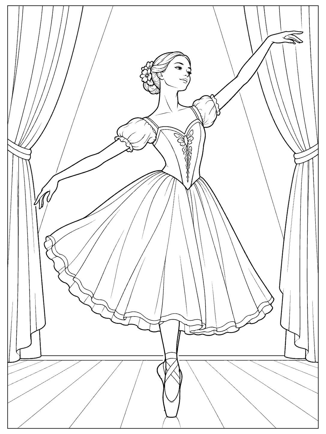Black ink coloring page of a ballerina in a flowing classical costume on a curtained stage, with a spotlight and floorboards.
