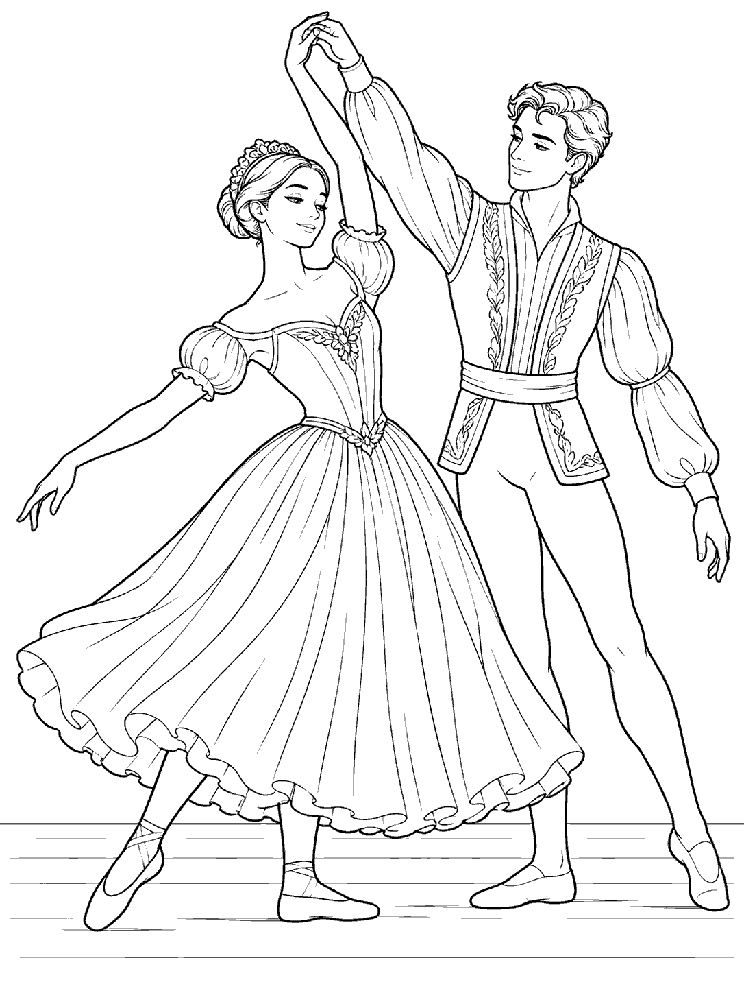 Two adult ballet dancers performing a duet, with one supporting the other’s raised arm.