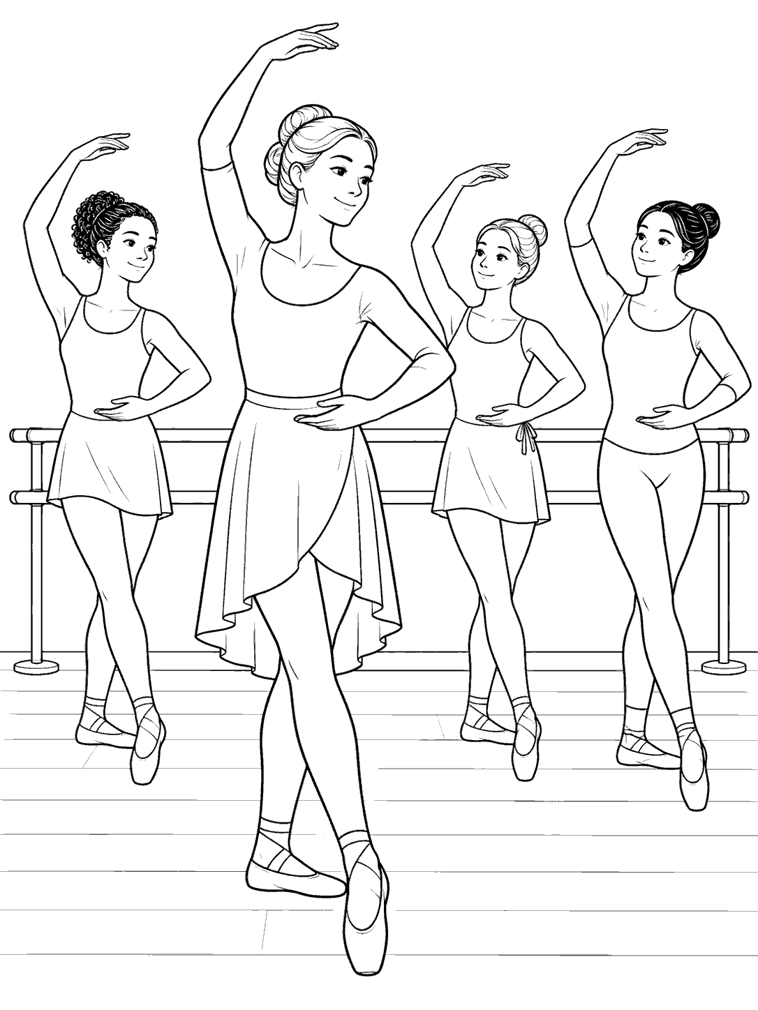 Adult ballet teacher guiding three students through an arm position at the barre