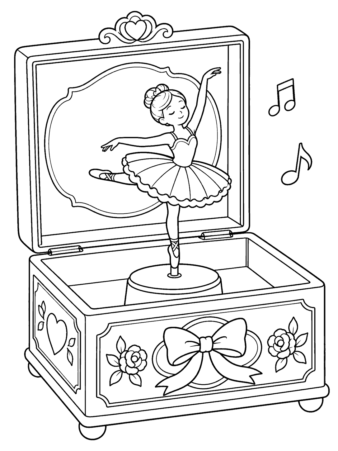 Open music box with a small ballet dancer figure and two floating music notes