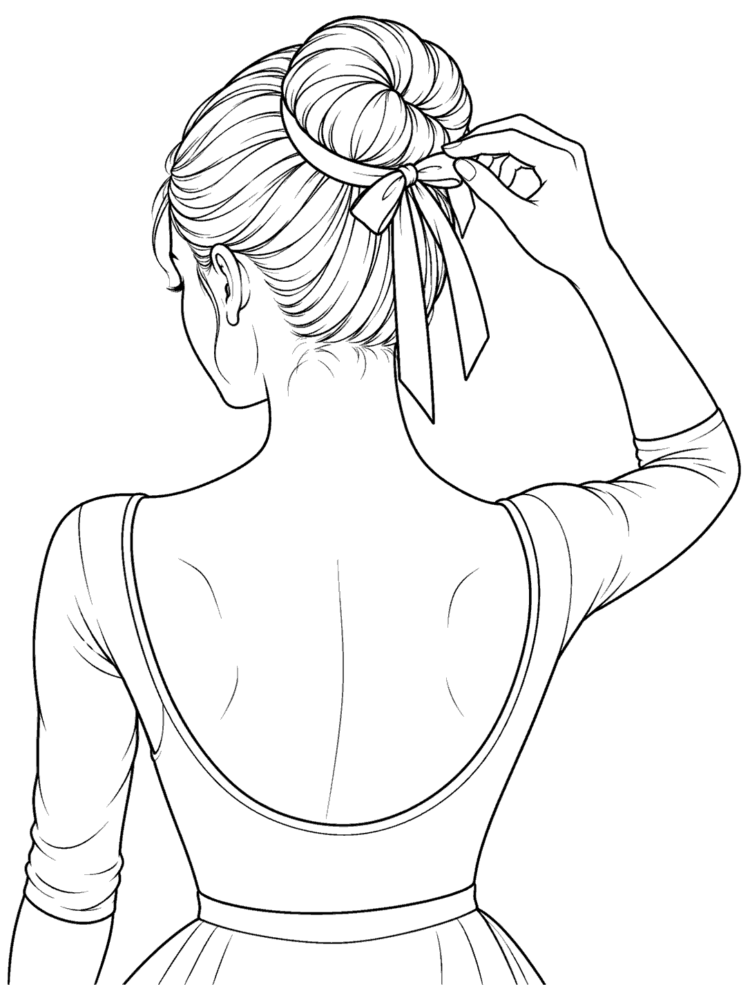 Adult ballet dancer viewed from behind, adjusting the ribbon at her bun in a simple dance top.