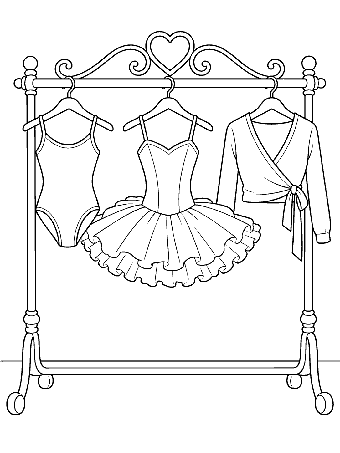 Three ballet outfits—a leotard, tutu, and wrap cardigan—hang on a decorative freestanding rack.