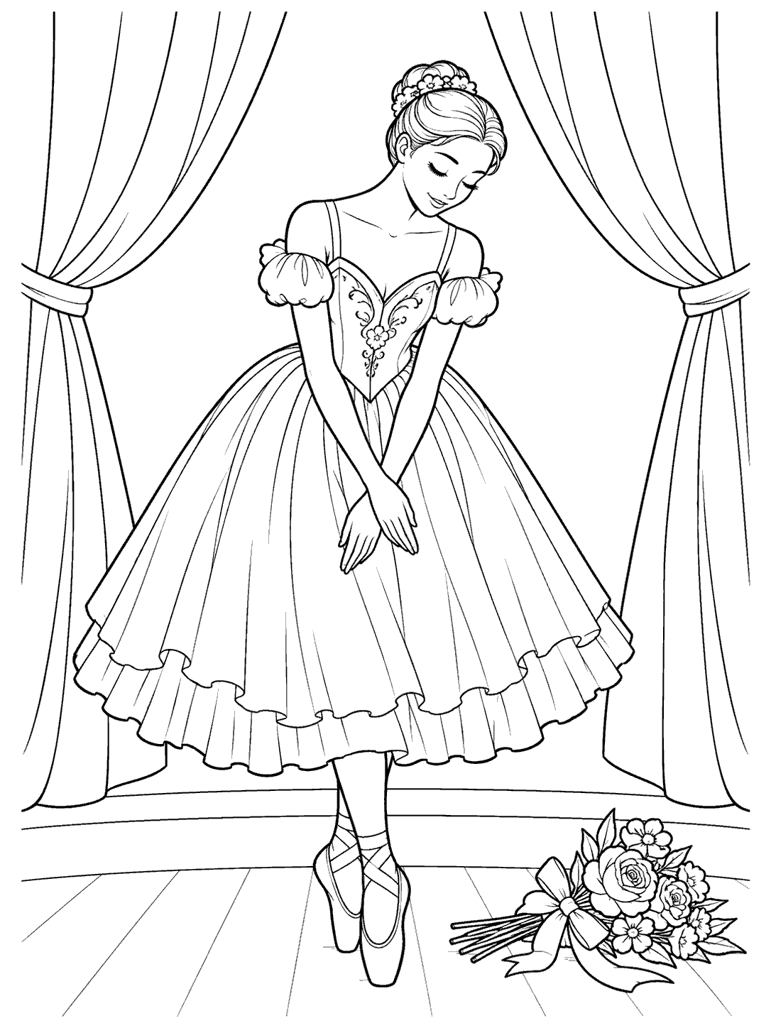 Adult ballet dancer bowing on stage between curtains, with a bouquet on the floor