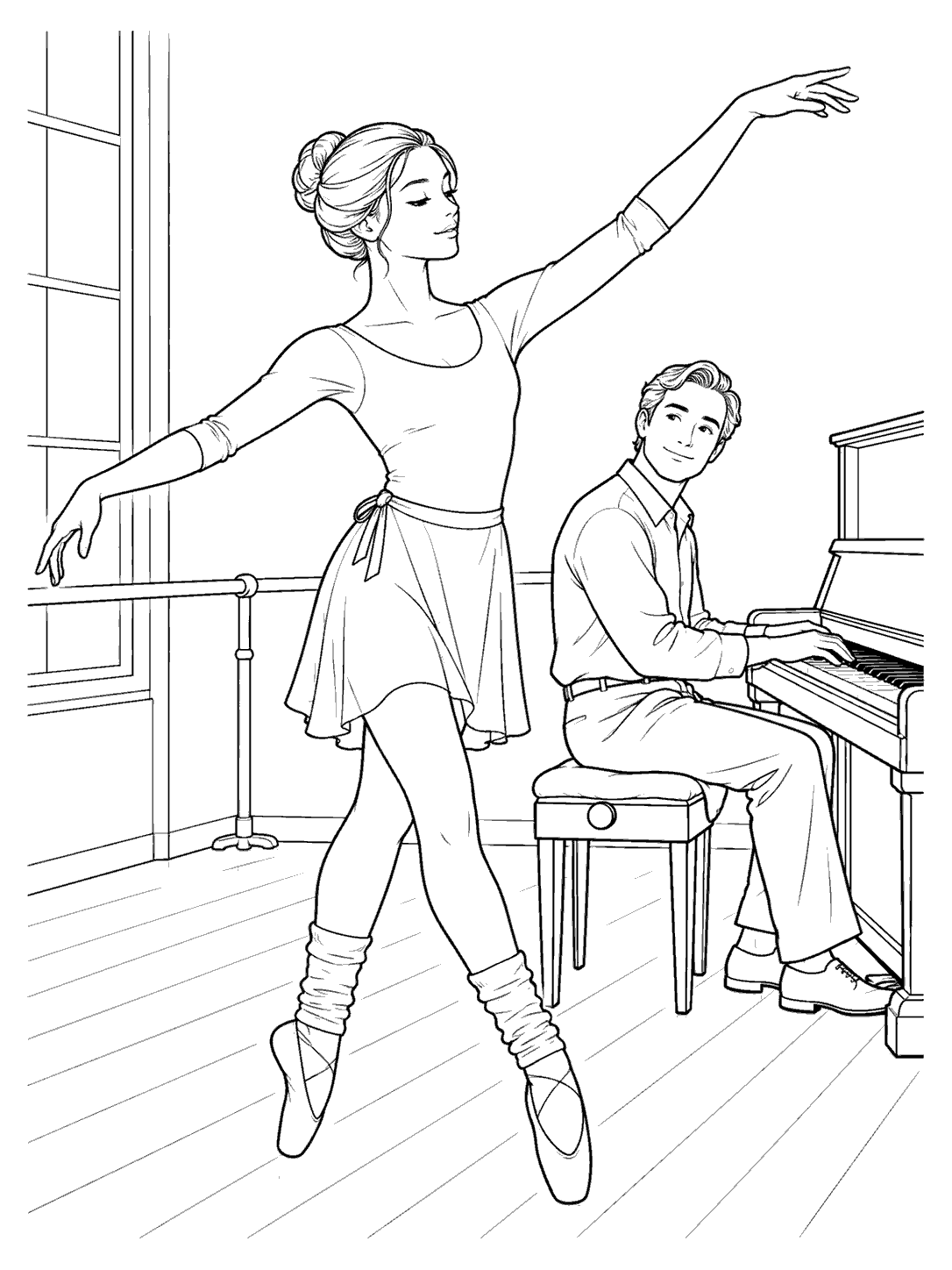 Ballet dancer marking an arm movement beside an upright piano, with a seated pianist