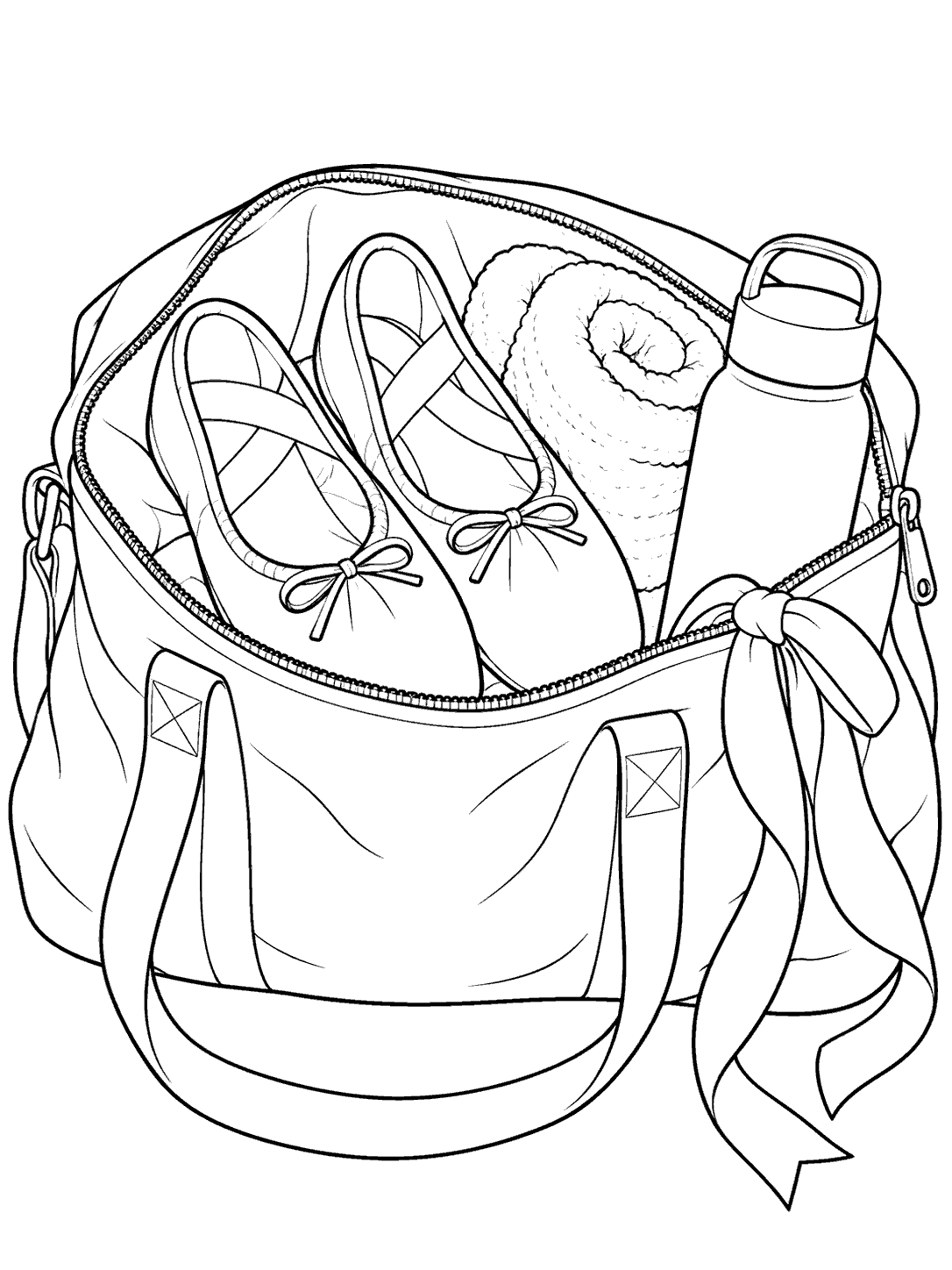 Open soft-sided ballet bag containing a pair of slippers, a rolled towel, and a reusable water bottle, with a ribbon hanging from the bag edge.