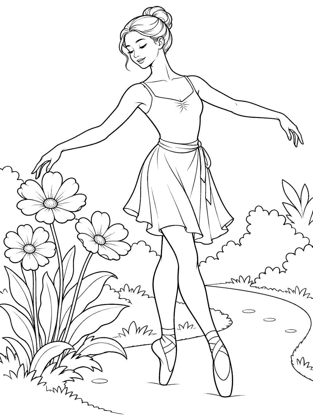 Adult ballet dancer in a practice skirt and top, poised beside large flowers and broad leaves along a curved garden path.