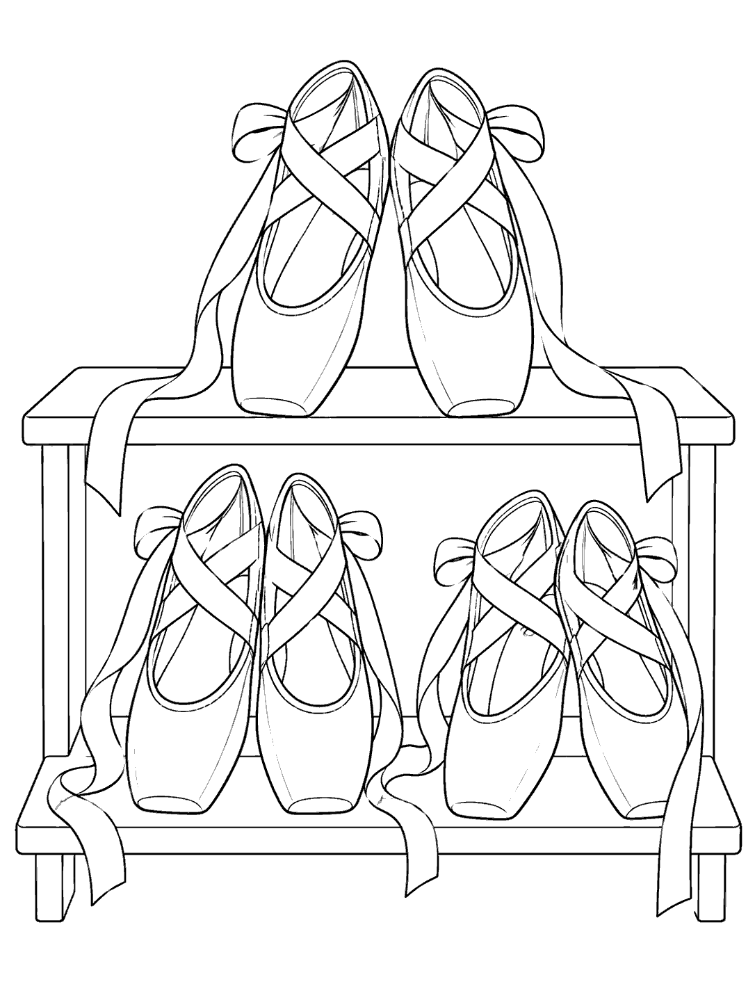 Three pairs of pointe shoes with crossed ribbons arranged on two levels of a shelf