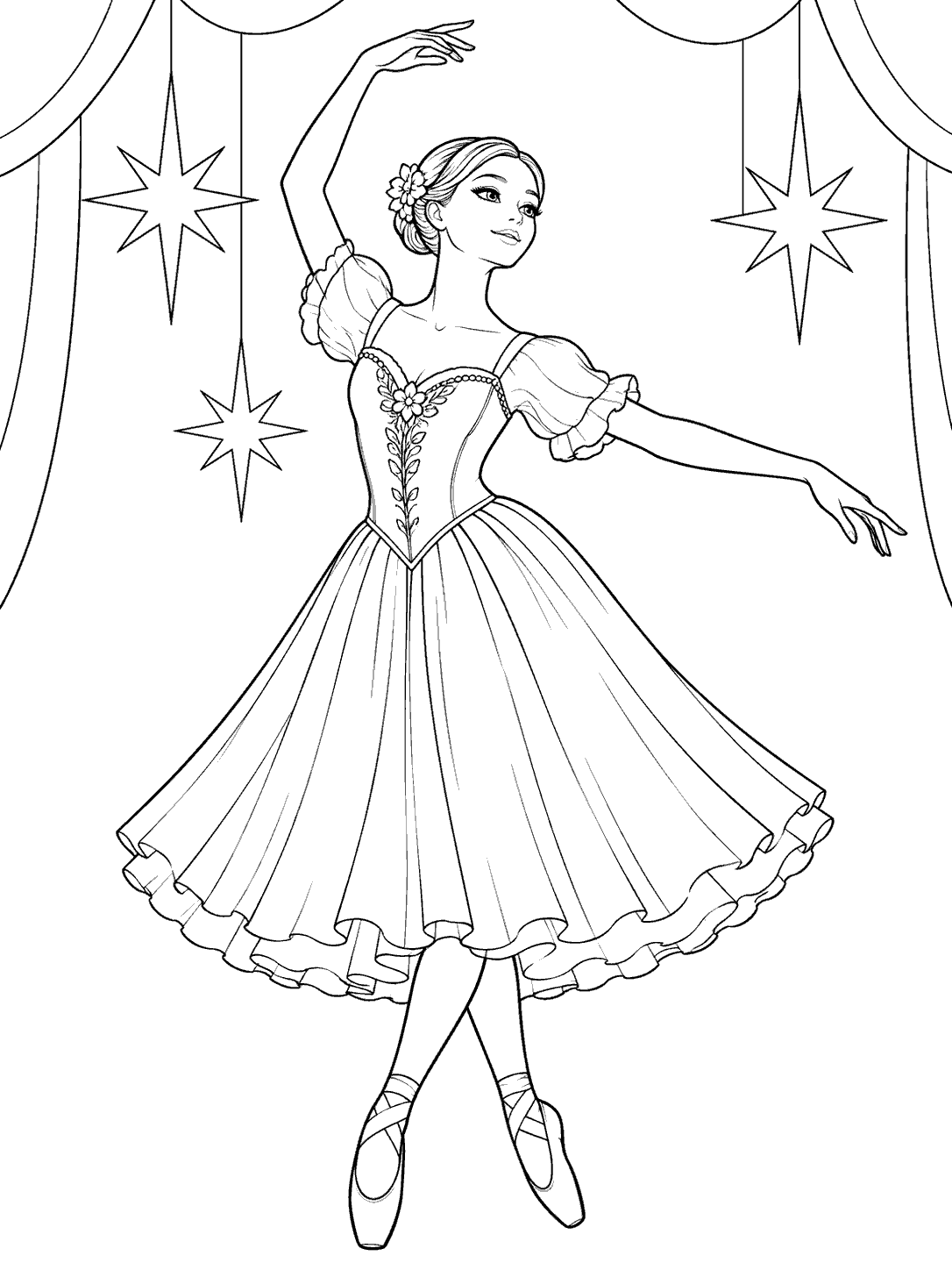 Adult ballet dancer in a classical costume holding one arm overhead and the other outward, with star decorations behind her