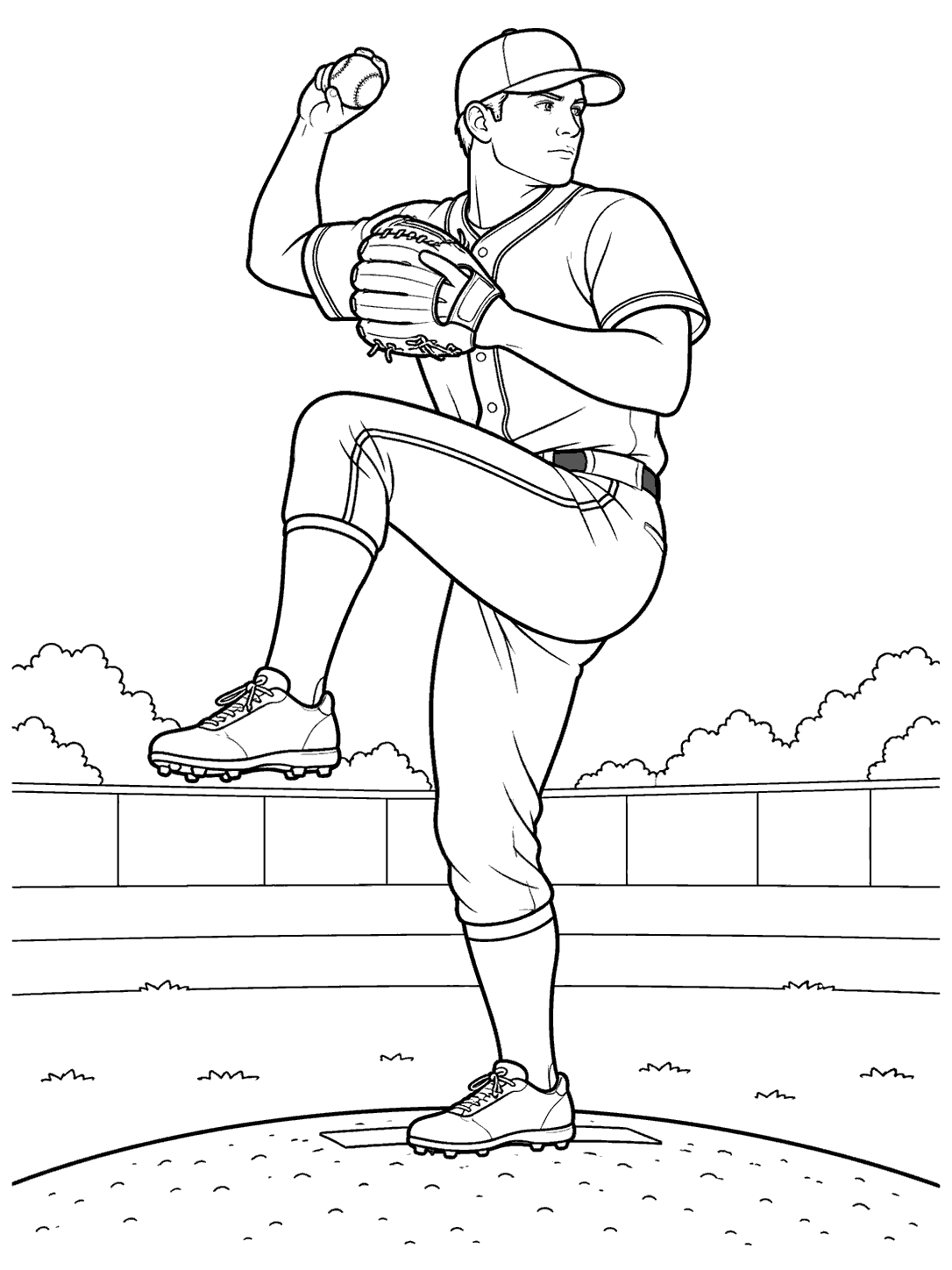 Baseball pitcher winding up on the mound coloring page