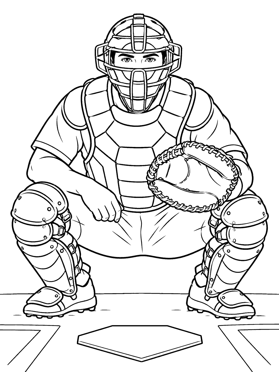 Baseball catcher crouching behind home plate coloring page