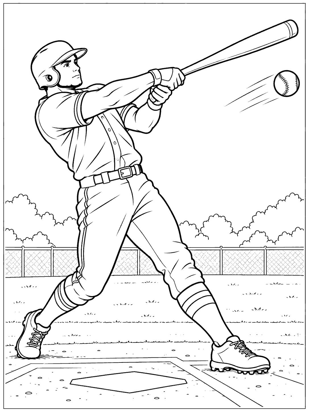 Baseball batter following through on a swing coloring page