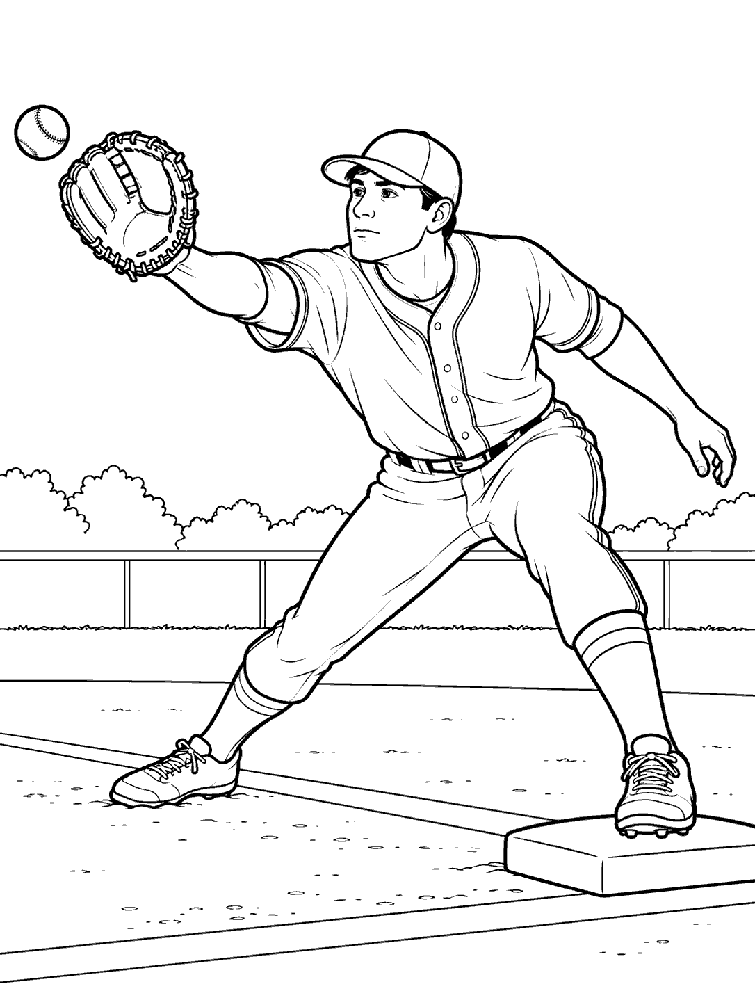 First baseman stretching with glove for a catch coloring page