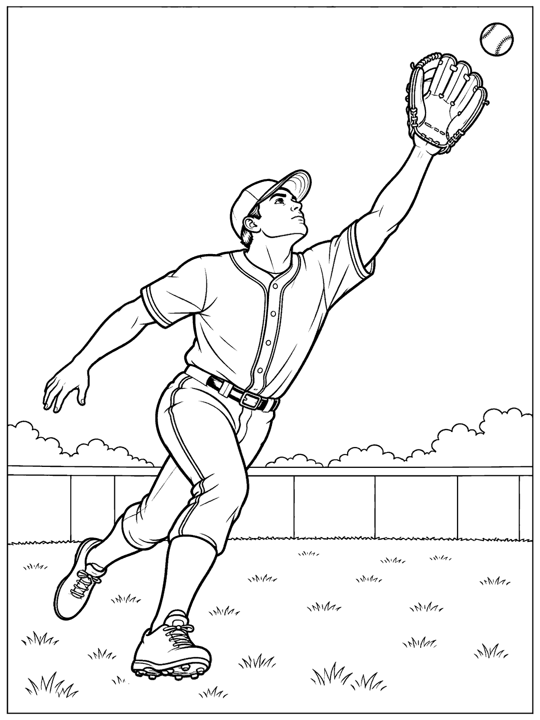 Outfielder reaching overhead to catch a fly ball coloring page