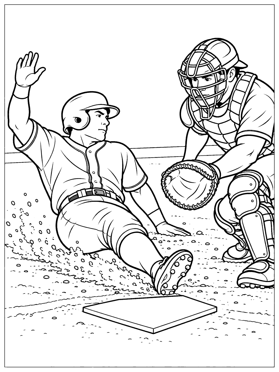 Black-and-white baseball coloring page showing a uniformed runner sliding feet-first toward home plate as a catcher reaches with a mitt.