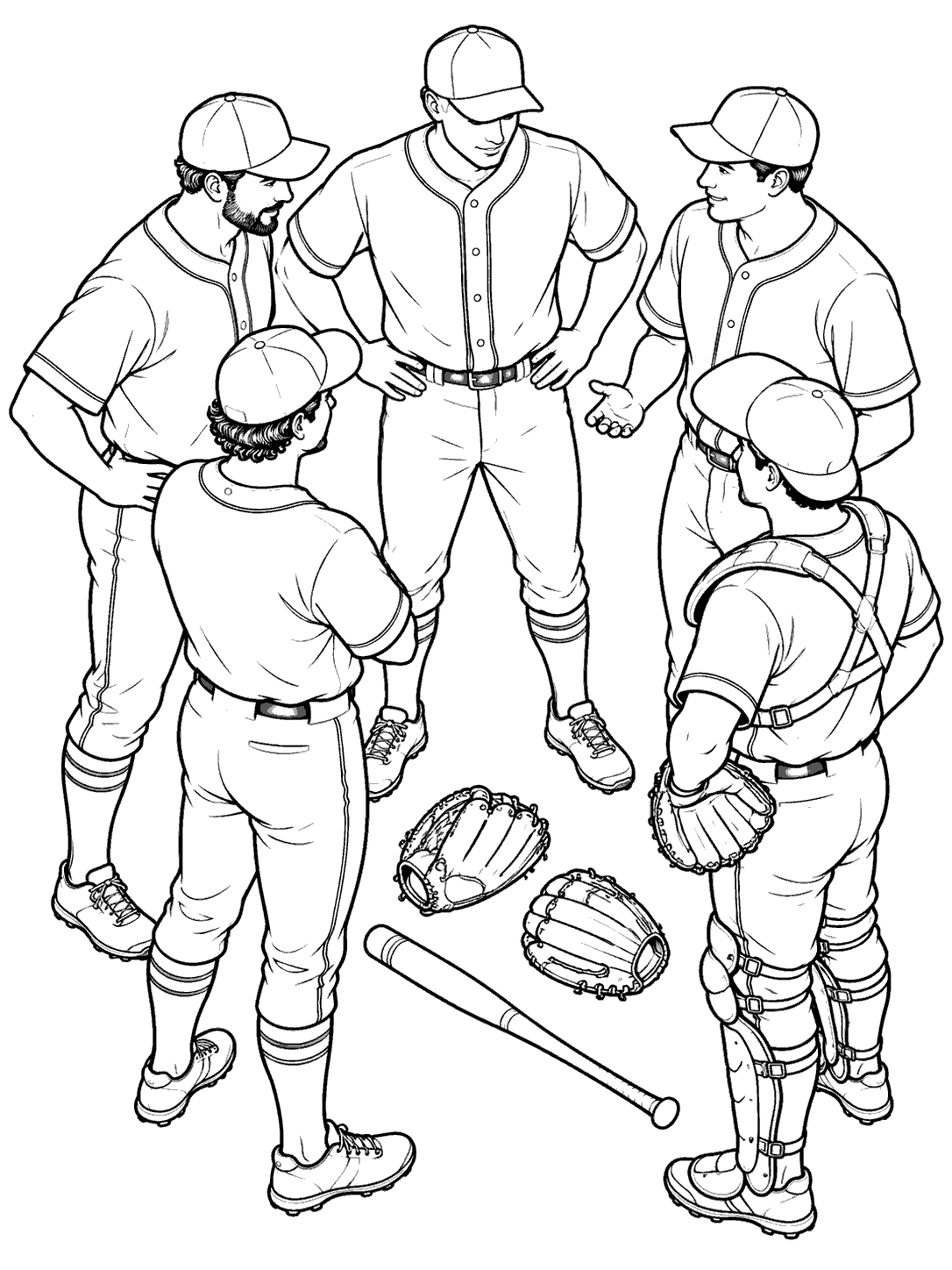Five baseball players in uniform gather in a huddle around two gloves and a bat on a black-and-white coloring page.