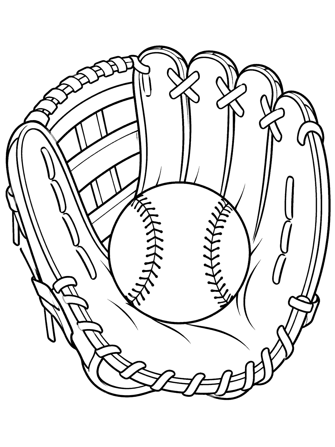 Black outline coloring page showing a baseball nestled inside a large open fielder’s glove.