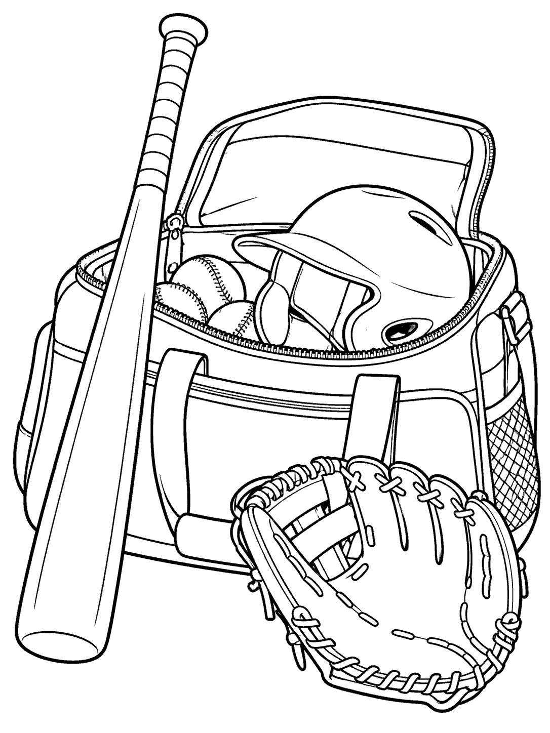 Open baseball equipment bag with a bat, helmet, baseballs, and glove in a black-line coloring page.