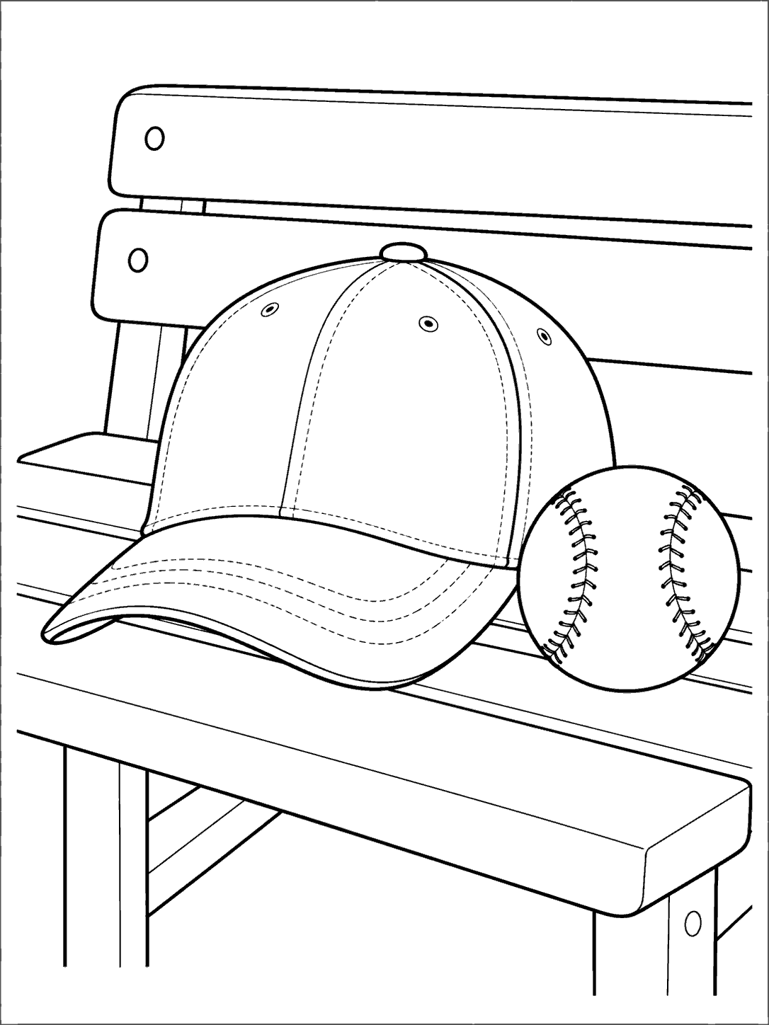 Plain baseball cap and stitched baseball on a wooden bench coloring page