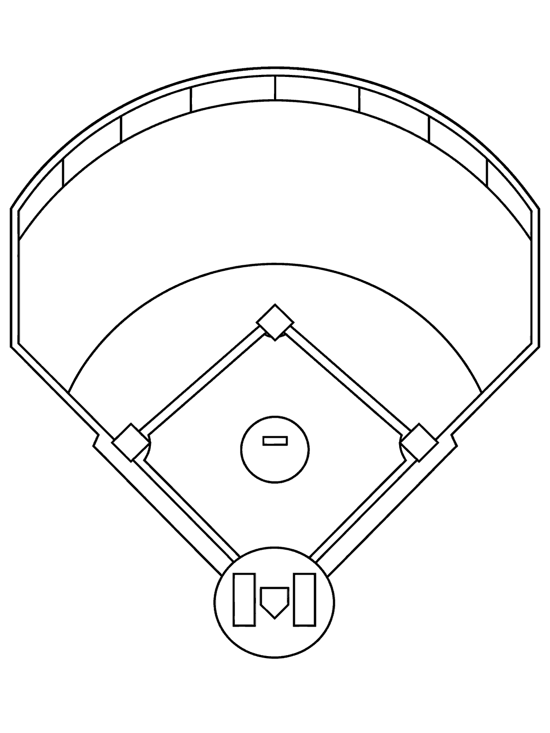 Black outline baseball diamond coloring page seen from above, with home plate, three bases, pitcher's mound, infield arc, and outfield boundary.