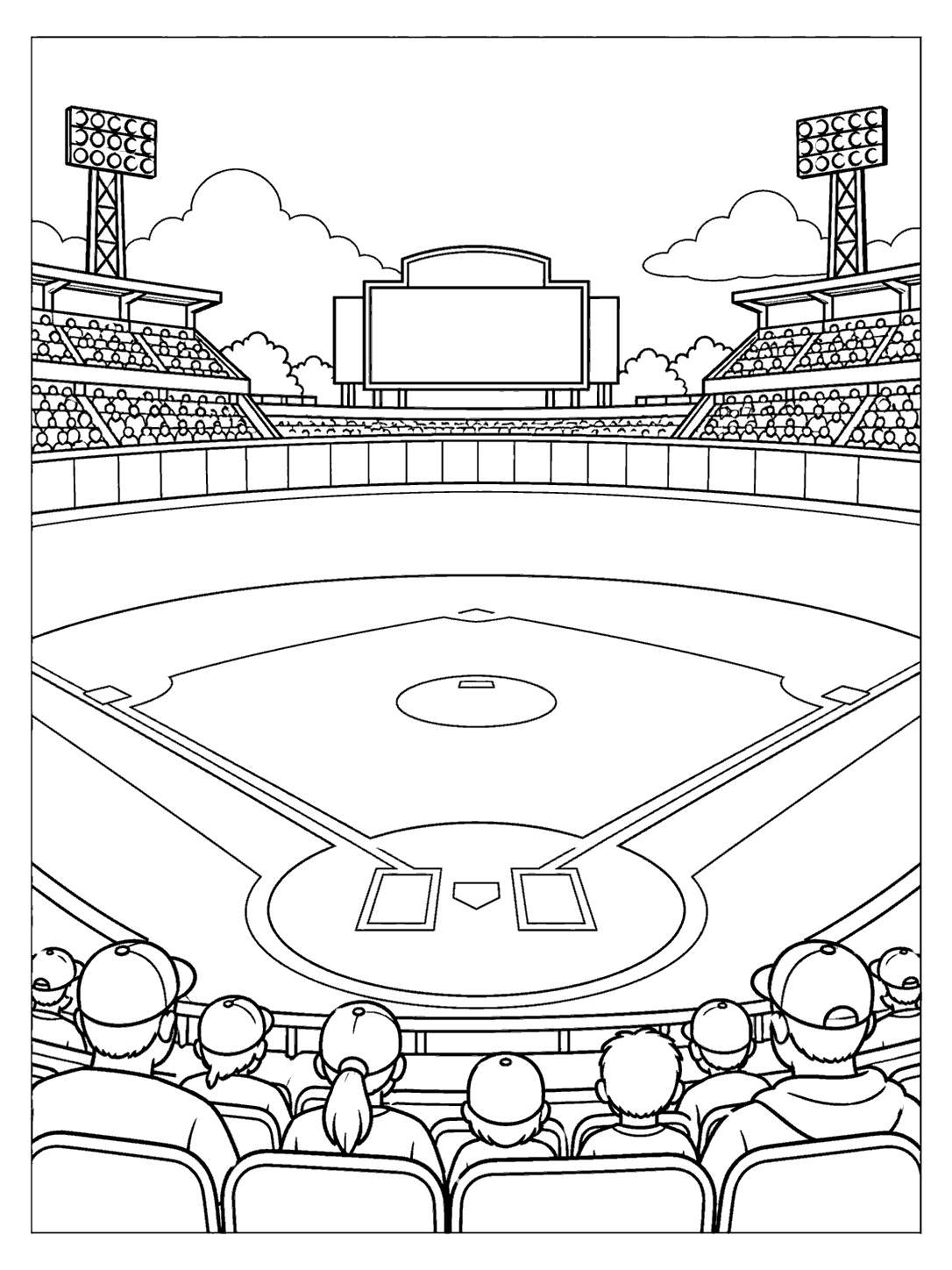 Black outline baseball stadium coloring page with a diamond, blank scoreboard, and seated spectators