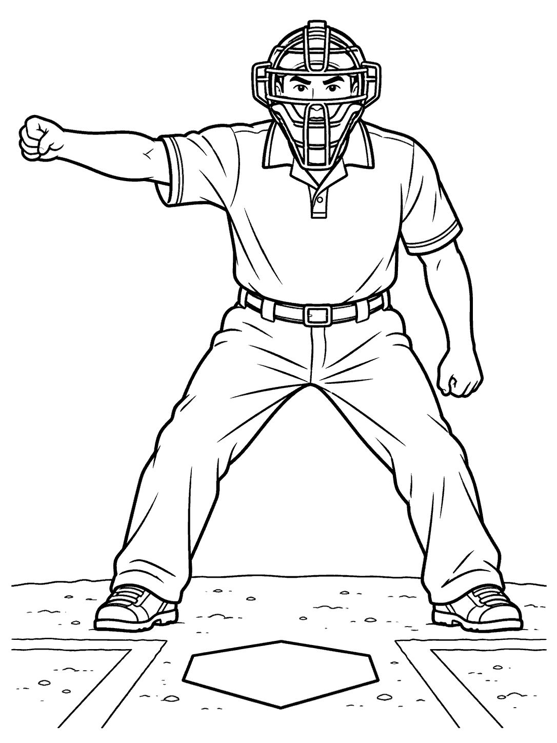 Masked home plate umpire signaling a call over home plate in a baseball coloring page.