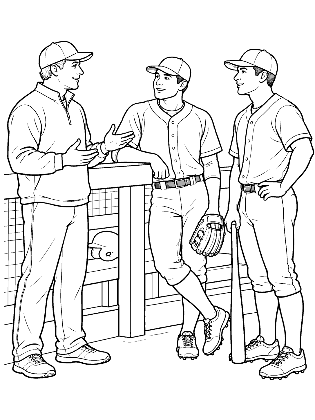 An adult coach in a cap speaks with two uniformed baseball players beside a dugout rail, with a glove and bat nearby.