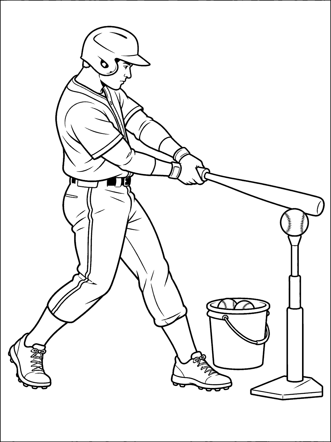 Baseball player practicing with a batting tee coloring page