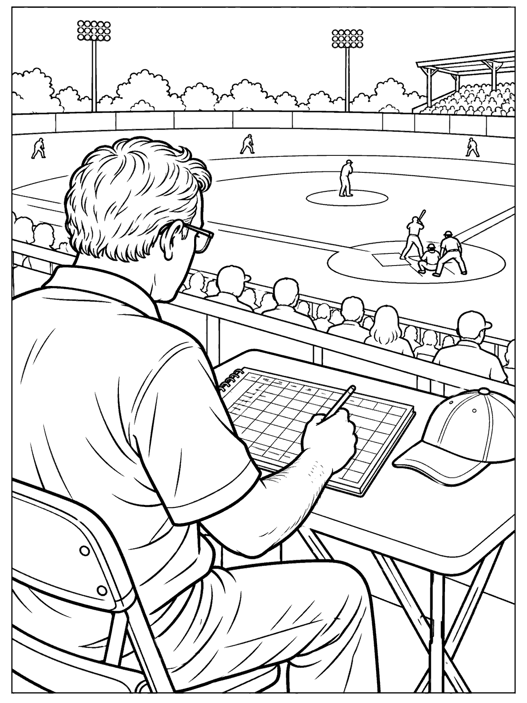 Black-and-white coloring page of a seated scorekeeper with a blank scorecard and baseball cap, overlooking a ballpark.
