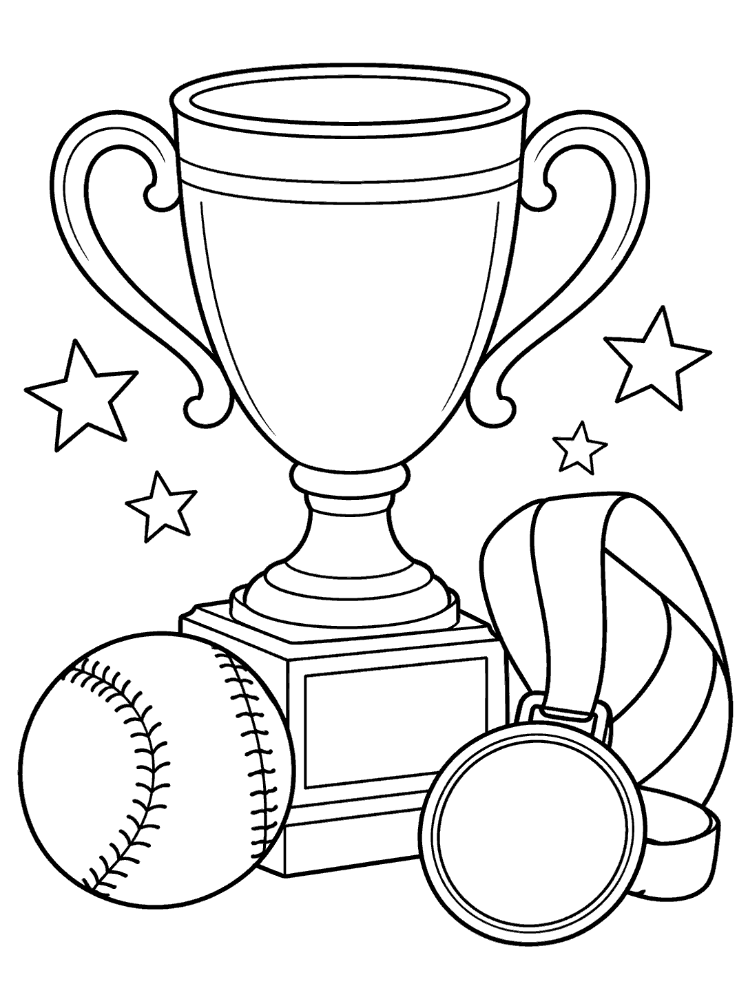 Black outline coloring page featuring a large cup trophy, a baseball at its base, a blank ribbon medal, and decorative stars.