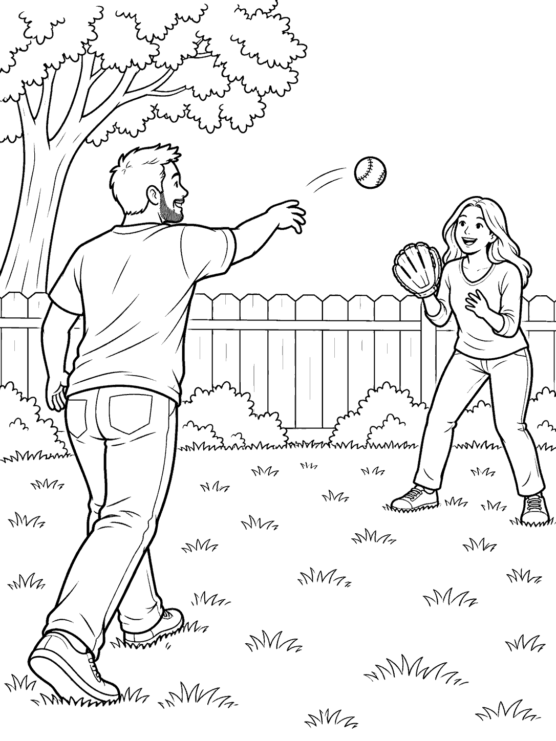 Black-and-white coloring page of two adults playing baseball catch beside a backyard fence and tree.