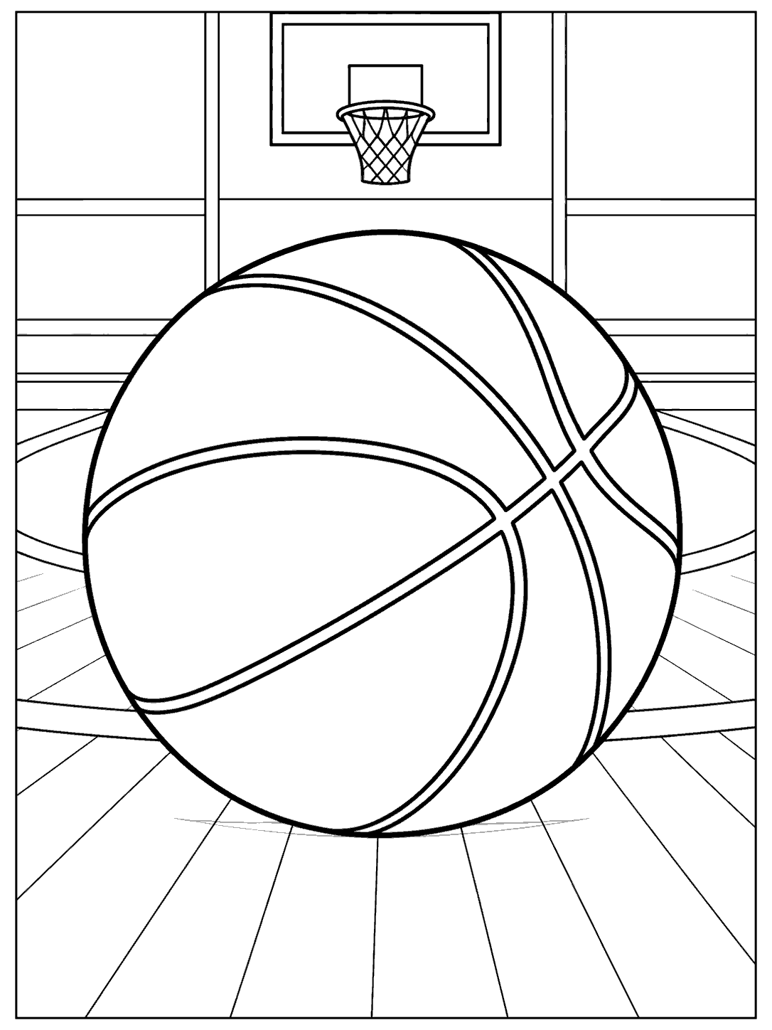 Large basketball on an indoor court beneath a hoop