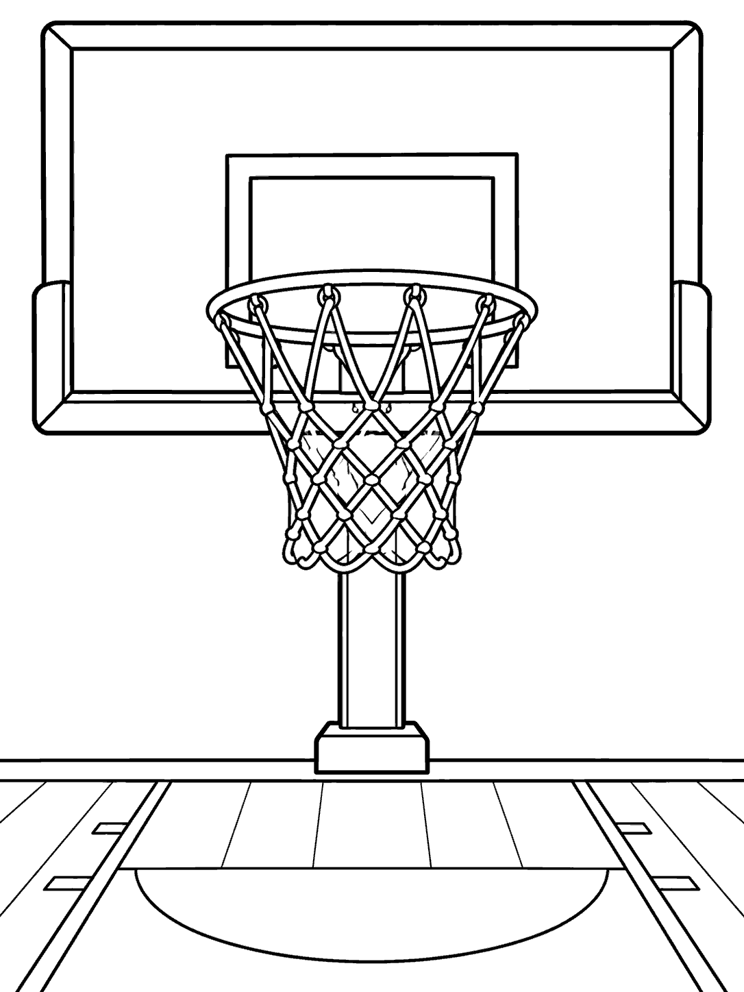 Black-outline basketball hoop, backboard, net, and court markings on a white page