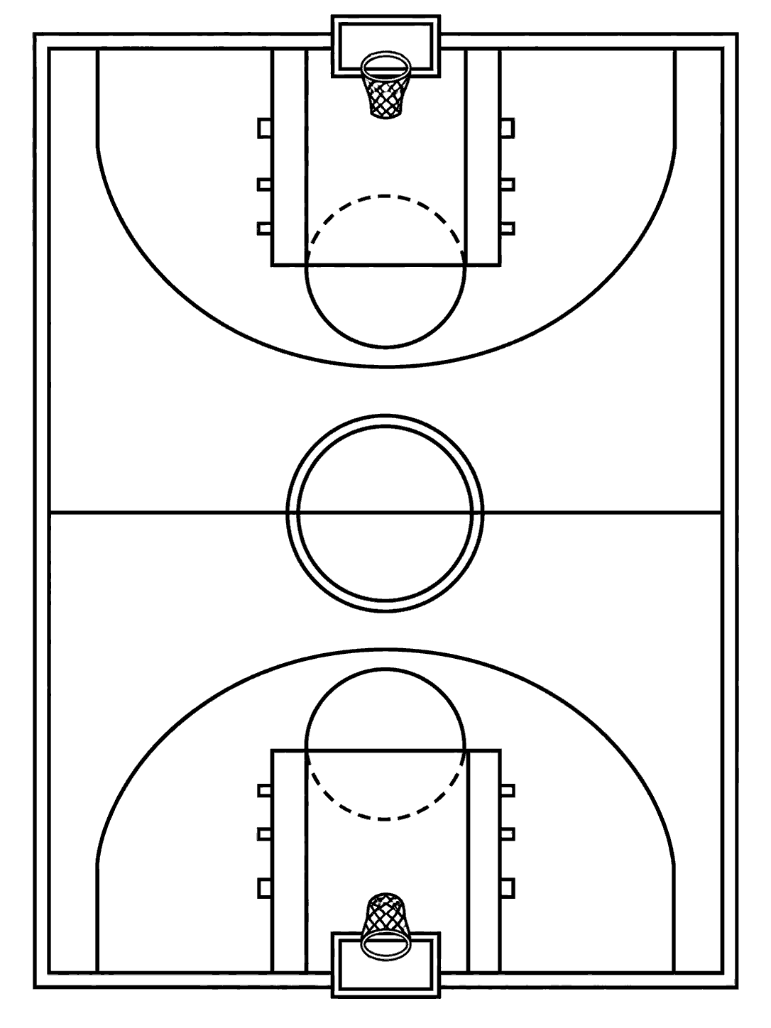 Overhead view of a basketball court with center circle, marked key areas, and two baskets