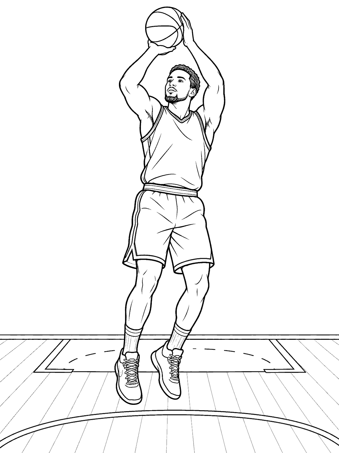 Black outline coloring page of an adult basketball player holding a ball above his head on a court