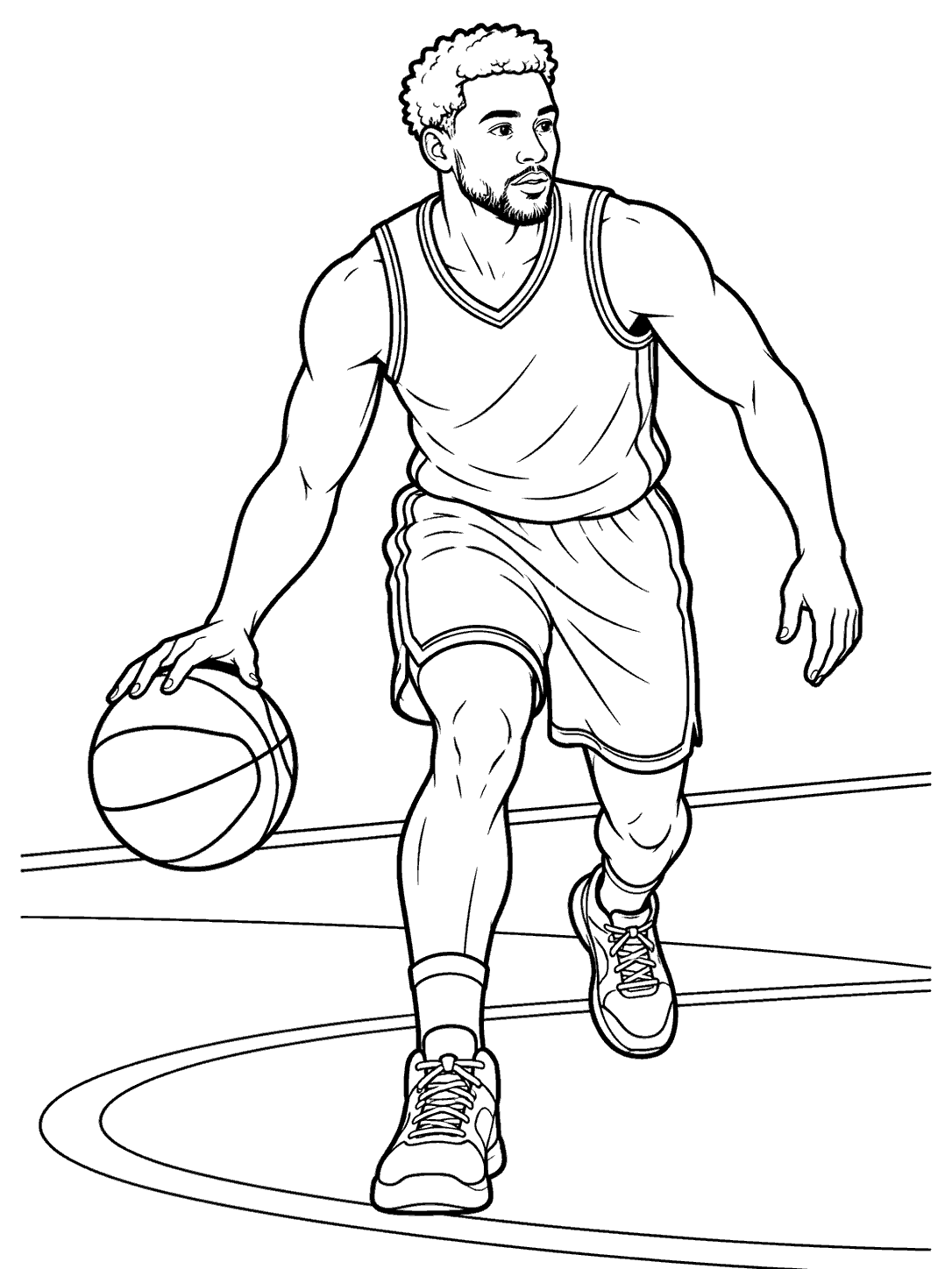 Adult basketball player dribbling while moving across the court