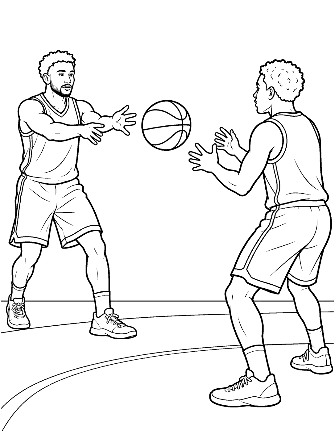 Two adult basketball players in uniforms face one another as a ball travels between them.
