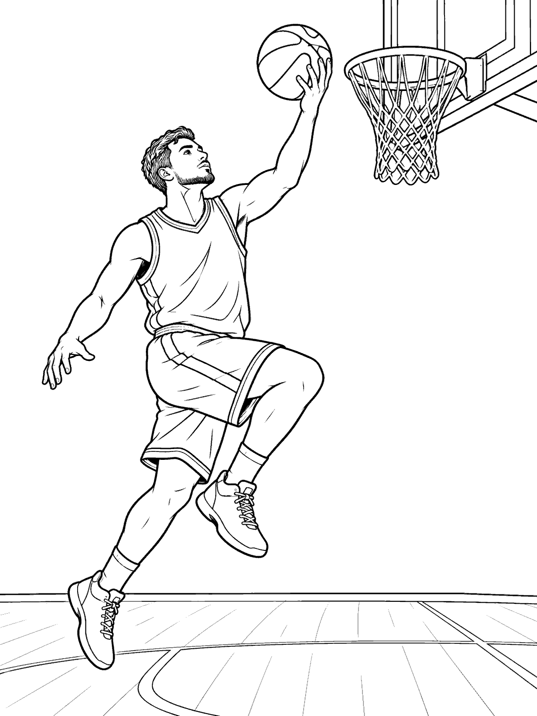 Adult basketball player making a layup near a hoop, with the ball, backboard, and court floor visible.