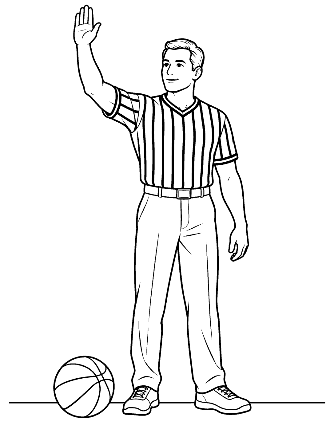 Basketball referee signaling beside a ball on the court